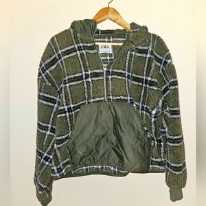 ZARA Plaid Fleece Sherpa Hooded Sweatshirt Size Medium